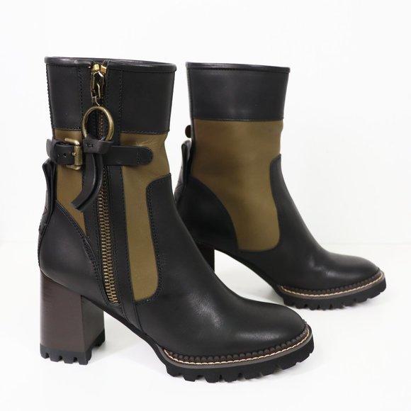 NWT See By Chloe Bryn Bootie Chunky Heel Ankle Boot Natural Calf Nero & Savana - Picture 5 of 10